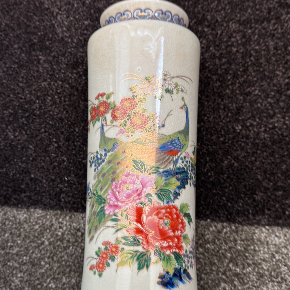 VTG Asahi Japan Porcelain Peacock Floral Design With Gold Accent Rim Bud Vase - Picture 2 of 5